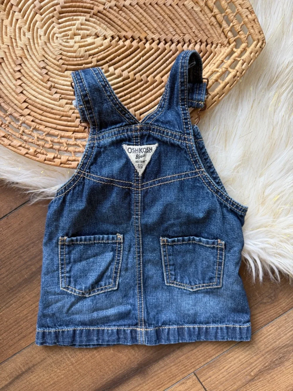 Oshkosh B'gosh Denim Bib Overalls Dress W/ Ribbon Girls Size 18 Months